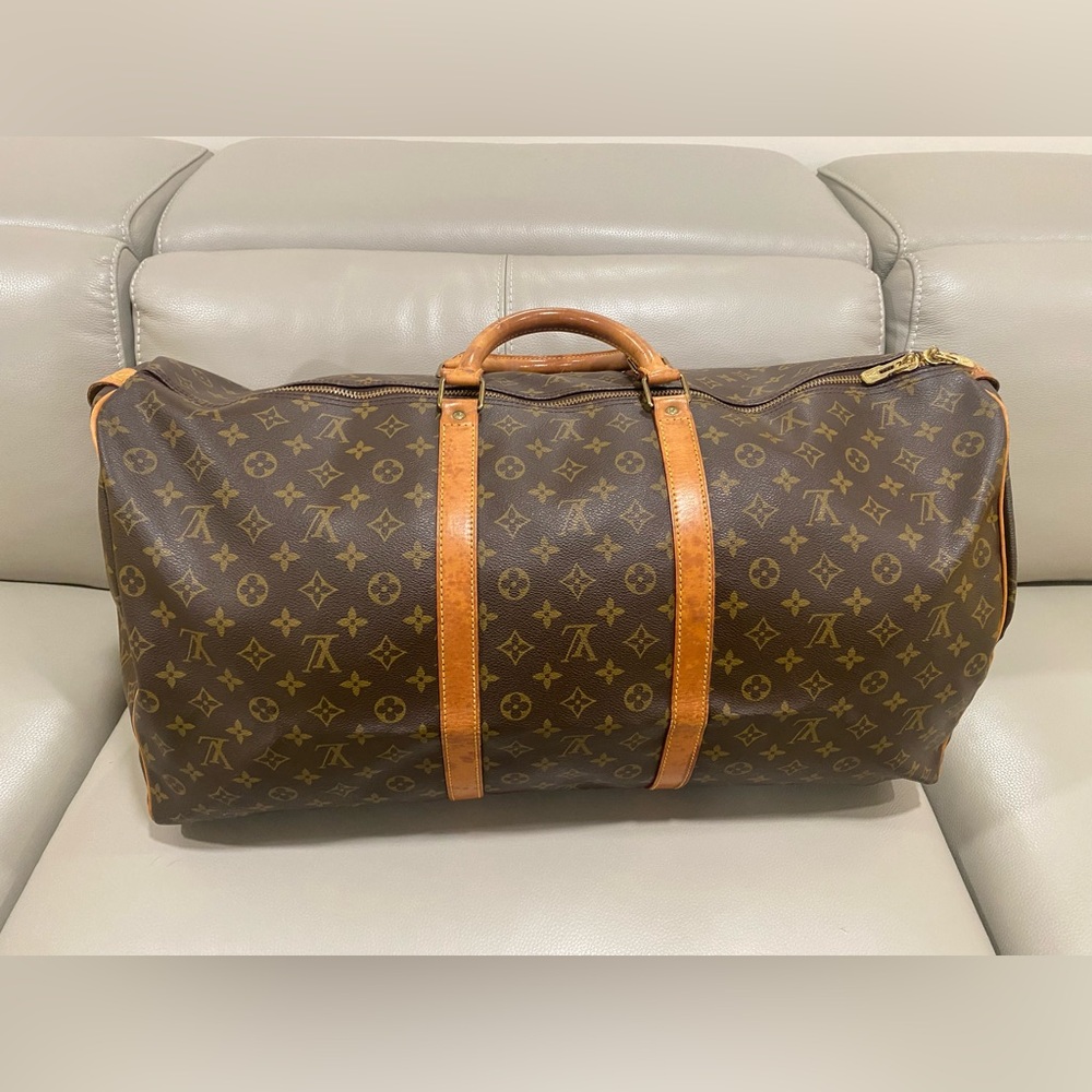 Louis Vuitton Brown Monogram Travel Duffel with Tan Leather Trim - Picture 5 of 13